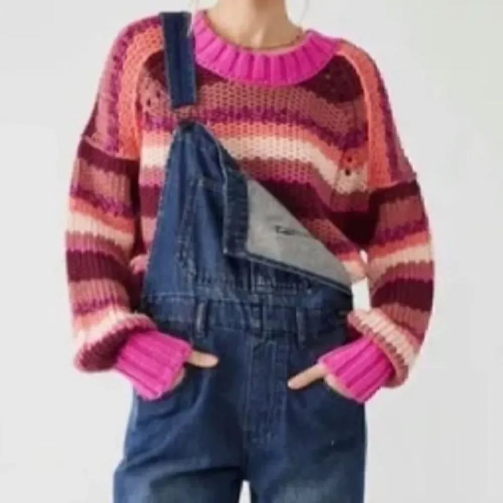 NWT Free People Devon Sweater Fuchsia Rose Crew Neck S Knit Striped Colorful